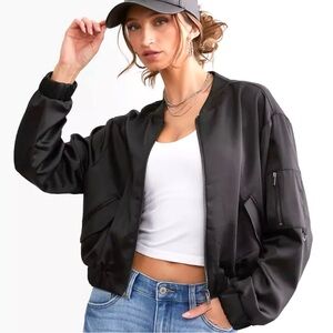 Stoosh Black Satin Cropped Bomber Flight Jacket Versatile Wardrobe Staple XL NWT